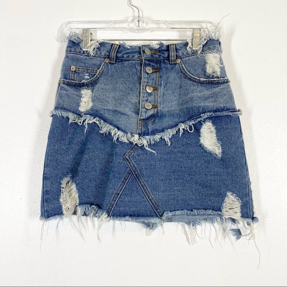 Y2K DENIM SKIRT Distressed Exposed Seams Mini M